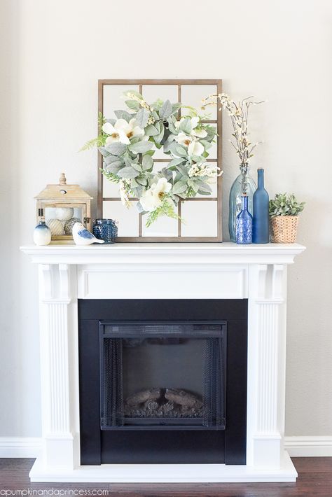 Shades of Blue - Spring Mantel Décor - A Pumpkin And A Princess Easter Fireplace Mantel Decor, Easter Fireplace Mantel, Spring Mantle Decor, Mantel Styling, Summer Mantel, Spring Mantle, Spring Mantel, Blue Vases, Fireplace Mantle Decor