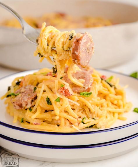 CREAMY SAUSAGE SPAGHETTI - Butter with a Side of Bread Spaghetti With Sausage, Baked Italian Sausage, Boneless Pork Roast, Bbq Pulled Pork Recipe, Creamy Spaghetti, Crock Pot Pulled Pork Recipe, Cake Ball Recipes, Sausage Pasta Recipes, Italian Sausage Pasta