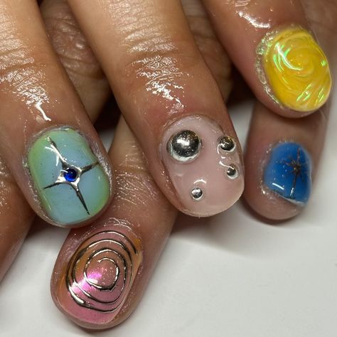 mixed match biab mani 🌀🫧🍋🩷 #nailart #londonnailtech #londonnails Short Nails Press On, Mixed Metal Nail Art, Chrome Blob Nails, Mismatched Nail Art Short, Short Gel Nail Art, Mix Match Manicure, Mismatch Manicure, Chrome Nail Art, Short Gel Nails