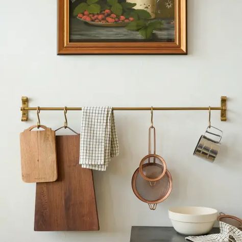 Holiday Collection Shop - Magnolia Brass Rail, Kitchen Rails, Bistro Kitchen, Above Sink, Sink Decor, Hanging Pans, Kitchen Hooks, Gold Picture Frame, Wooden Wall Shelves