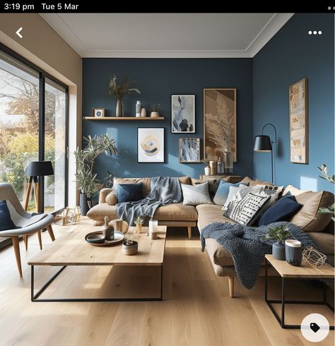 Lounge Blue Feature Wall, Dusky Blue Living Room, Living Room Dark Blue Walls, Blue Wall Living Room Ideas, Hague Blue Living Room, Living Room With Blue Walls, Cosy Snug, Grey And Brown Living Room, Blue Walls Living Room