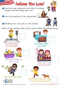 Follow the Law Worksheet: Free Printout for Kids Rules And Laws Kindergarten, Rules And Laws 2nd Grade, First Grade Rules, Opinion Paragraph Writing, Kindergarten Rules, Opinion Paragraph, Worksheets For 2nd Grade, Kindergarten Pictures, Counting Practice