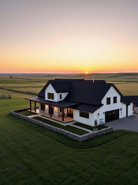 White House Black Trim Barndominium, Barndominium Ideas White And Black, Western Farmhouse Exterior, White Barndominium Interior, White Barndominium Exterior Black Roof, White Exterior Barndominium, Barndominium White, Barndominium Aesthetic, White Barndominium Ideas