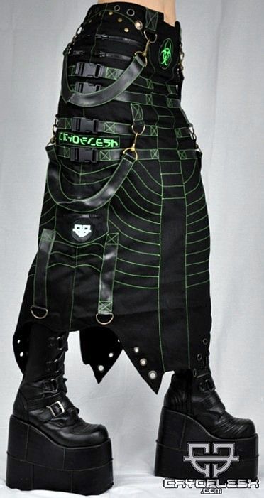 Biohazard Decay Long Skirt Cyberpunk Baggy Bottoms For Streetwear, Black And Green Cyberpunk Outfit, Fitted Cyberpunk Outerwear For Cosplay, Black Cyberpunk Outerwear For Larp, Neon Green Cyberpunk Outfit, Black Cotton Skirt, Office Goth, Cybergoth Fashion, Cyberpunk Clothing