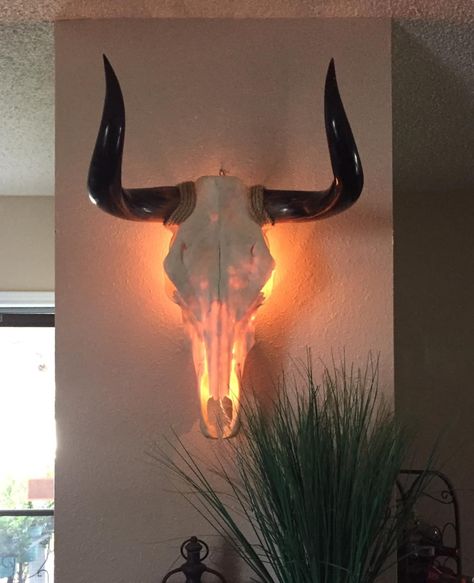 Cute Skull Decor, Cow Skull Mount Ideas, Cow Skull Decor Bedroom, Western Bedroom Lights, Feminine Country Decor, Deer Skull Light, Decorative Deer Skulls, Western Lighting, Western Gothic Aesthetic Bedroom