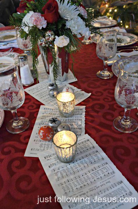 Just following Jesus in my real life...: Christmas tablescape 2012... Music Centerpieces, Bangs Styles, Church Christmas Party, Christmas Luncheon, 3 Daughters, Ward Christmas Party, Music Christmas, Banquet Decorations, Christmas Church