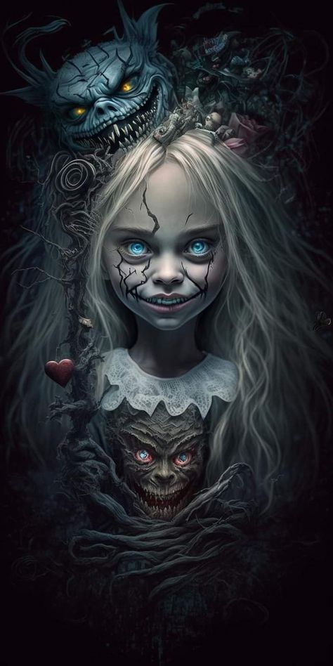 Shen Long Tattoo, Dark Wonderland, Dark Gothic Art, Alice In Wonderland Artwork, Dark Alice In Wonderland, Art Scary, Wonderland Artwork, Horror Photos, Wonderland Tattoo