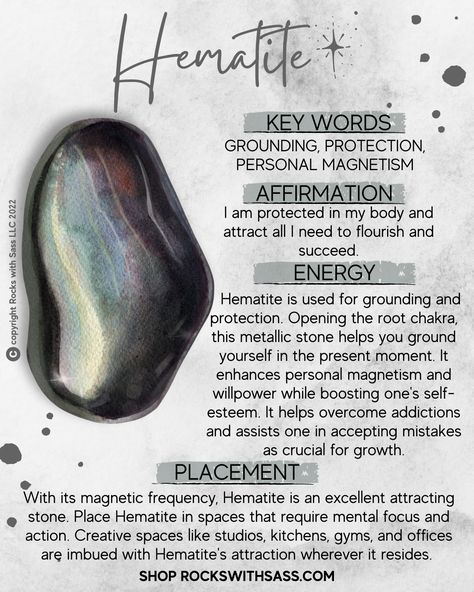 Hematite Affirmation, Hematite Crystal Meaning, I Am Protected, Best Healing Crystals, Crystal Healing Chart, Crystal Vibes, Magic Spell Book, Hematite Crystal, Crystal Guide