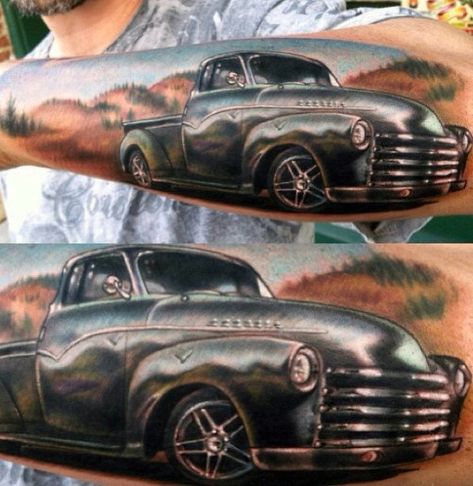 60 Truck Tattoos For Men - Vintage and Big Rig Ink Design Ideas Chevy Tattoo, Hot Rod Tattoo, Truck Tattoo, See Tattoo, Map Tattoos, Omerta Tattoo, Fusion Ink, Car Tattoos, Realism Tattoo