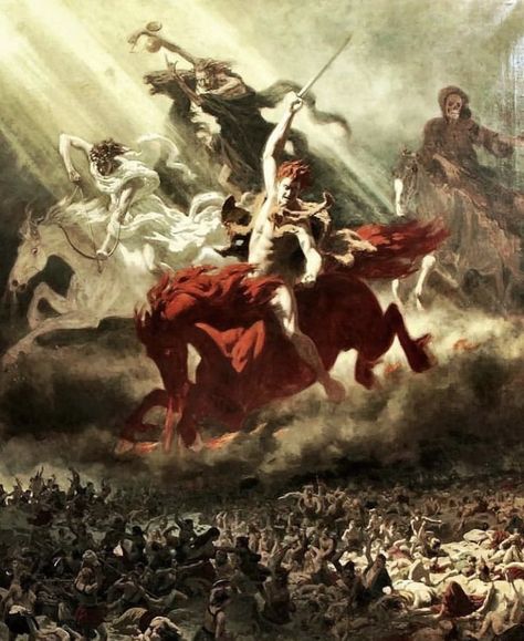 "The Four Horsemen of the Apocalypse" 🎨 By Werner Wilhelm Gustav Schuch 🖌1912 Christian Mythology, Four Horsemen Of The Apocalypse, Four Horseman, The Four Horsemen, Four Horses, Pale Horse, Apocalypse Art, Horsemen Of The Apocalypse, 다크 판타지