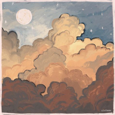 wasabi on Twitter: "🌙… " Easy Paintings Cartoons, Beginner Digital Art Ideas, Aesthetic Cloud Painting, Stairwell Mural, Moon Mural, Moon Artwork, Calm Art, Pretty Skies, Art Concepts