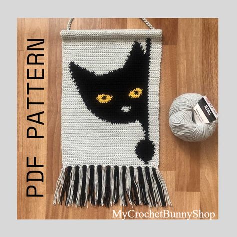 Crochet Black Cat, Cat Wall Hanging, Colorwork Chart, Wall Hanging Pattern, Intarsia Patterns, Crochet Black, Crochet Wall Hangings, Tapestry Crochet Patterns, Crochet Pillow