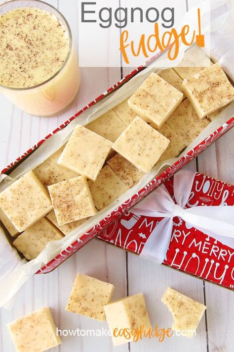 This easy microwave eggnog fudge can be whipped up in under 10 minutes and has an incredibly creamy texture and lovely eggnog flavor. This homemade candy is the perfect Christmas treat. Recipe at HowToMakeEasyFudge.com. #fudge #eggnog #eggnogfudge #easyfudge #fudgerecipes Eggnog Fudge Recipe, Peppermint Bark Fudge, Eggnog Fudge, Easy Eggnog, Easy Fudge, Microwave Fudge, White Chocolate Fudge, Christmas Fudge, Fudge Recipes Easy