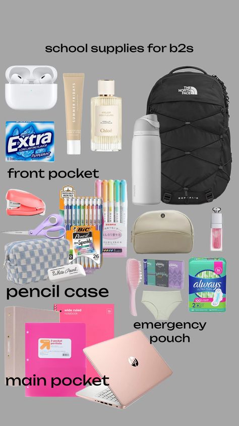 High School Essentials, Middle School Essentials, School Emergency Kit, School Backpack Essentials, Preppy School Supplies, Pretty School Supplies, Outfit Preppy, Preppy School, School Bag Essentials