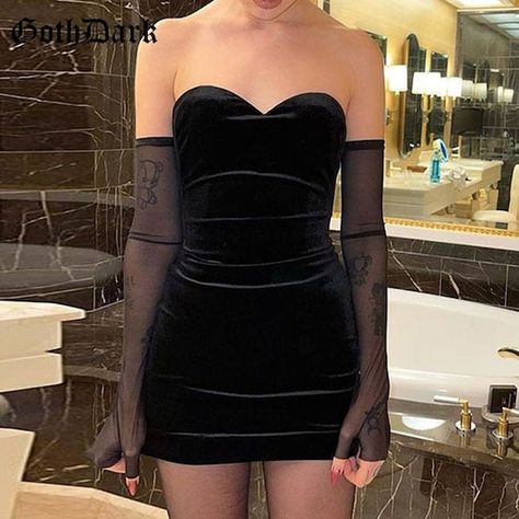 Gothic Dress Elegant Gothic E-Girl Velvet Mini Dress Black | Etsy Goth Vintage, Mesh Gloves, Bodycon Dress Casual, Female Dress, Mini Tube Dress, 파티 드레스, Elegant Gothic, Beach Birthday, Fall Winter Dresses