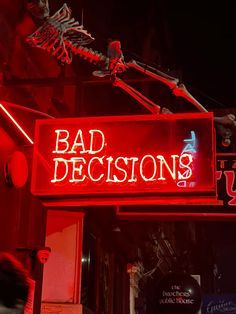 Bad decisions Red Neon Sign, Red Quotes, Neon Quotes, Nightclub Design, Red Neon, Neon Aesthetic, Red Rooms, Bad Decisions, Red Wallpaper