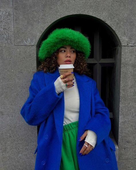 fluffy hat, blue coat, winter fashion Cobalt Coat Outfits, Cobalt Blue Colour Combination, Royal Blue Trench Coat Outfit, Cobalt Blue Coat, Royal Blue Coat Outfit, Fluffy Hat Outfit, Cobalt Blue Outfits, Cobalt Blue Aesthetic, Blue Beanie Outfit