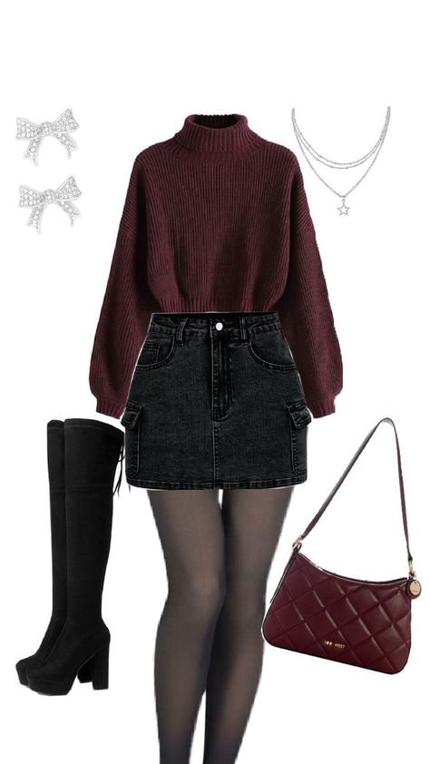 Mini Skirt Outfit Winter Tights, Black Denim Skirt Outfit Winter, Denim Mini Skirt Outfit Winter, Winter Outfits Tights, Black Mini Skirt Outfit Winter, Burgundy Thigh High Boots, Denim Skirt Outfit Winter, Skirt Outfit Winter, Mini Skirt Outfit Winter