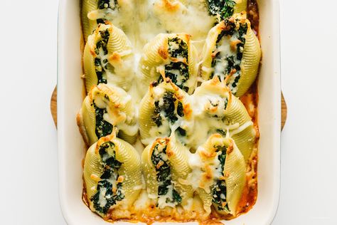 Kale and Ricotta Stuffed Shells Recipe Ricotta Filled Shells, Winter Season Food, Creamy Ricotta Beef Stuffed Shells, Healthy Winter Recipes Dinner, Stuff Shells Recipes Ricotta Spinach, Kale Ricotta Pasta, Ricotta And Spinach Stuffed Pasta Shells, Winter Baking Recipes, Spinach Stuffed Shells