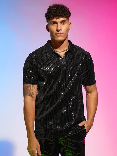 SHEIN Men Sequin Decor Polo Shirt Shein Men, Disco Theme, Look Festival, Sequin Decor, Mens Wear, Black Party, Men Tops, Jesus Shirts, Glitz And Glam