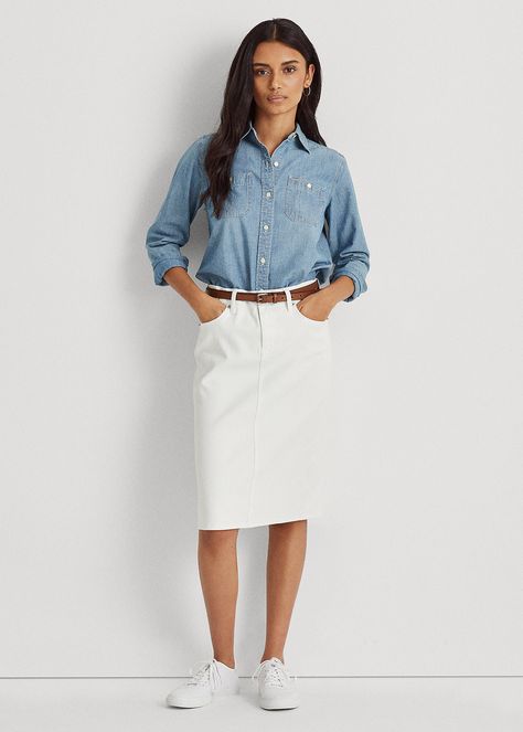 Denim Pencil Skirt Outfit, White Denim Skirt Outfit, Midi Jeans Skirt, Denim Skirt Outfit Summer, Long Denim Skirt Outfit, White Skirt Outfits, Spring Skirt Outfits, Jean Skirt Outfits, Casual Chic Outfits