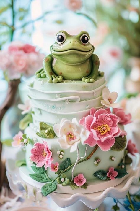 Enchanting Princess and the Frog Cake Ideas Princess Frog Cake, Princess And The Frog Baby Shower Cake, Tiana Birthday Cake, Frog Cake Ideas, Princess And The Frog Cake, Frog Birthday Cake, Frog Baby Showers, Frog Cake, Small Birthday Cakes