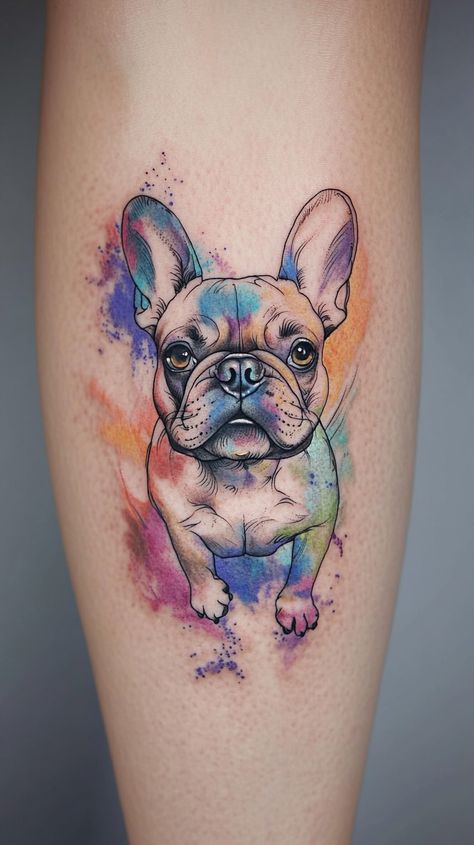 25 French Bulldog Tattoo Ideas: Celebrate Your Frenchie with Unique Designs - Smart Dog Learning Watercolor Dog Tattoo, Tatoo Dog, Dog Portrait Tattoo, French Bulldog Tattoo, Bulldog Tattoo, Dog Memorial Tattoos, Tattoo Dog, Kunst Tattoos, Dog Watercolor