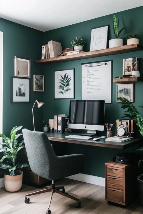 Dark Green Office Ideas, Dark Green Home Office, Green Home Office Ideas, Green Workspace, Man Home Office, Home Office White Desk, Dark Green Home, Dark Green Office, Dark Home Office