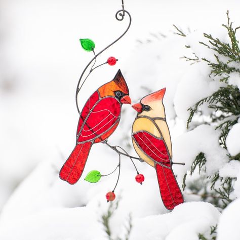 Cardinal Gifts, Stained Glass Cardinal, Window Charm, Stained Glass Window Hangings, Pic Candle, Looking At Each Other, Hummingbird Gifts, Winter Ornaments, Stained Glass Light