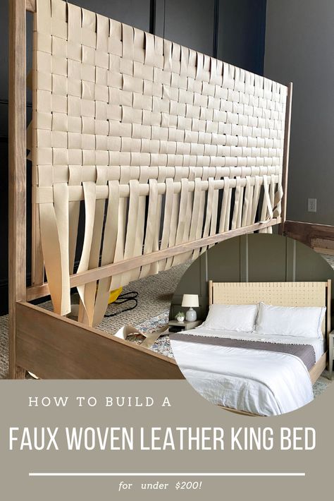 How to build a woven faux leather headboard. DIY Leather Headboard. king Bed frame tutorial. Diy Pallet Bedframe King, Diy Leather Headboard Ideas, King Bed Headboard Diy, Diy Boho King Headboard, Dyi Bed Frame, Diy Leather Headboard, Leather King Bed, Hp Crafts, Pallet Bed Frame Diy