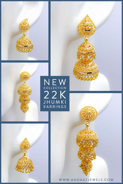 22k gold handing jhumki earrings andaaz jewelers Gold Earing Design New Bridal, Gadwali Jwellery, Jhumki Earrings Gold Indian Weddings, Gold Jhumki Indian Jewelry, Pahadi Jewellery, Kaner Dul, Gold Jhumka Earrings Bridal, Jhumki Earrings Gold, Malabar Jewellery