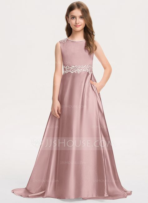 A-Line Scoop Neck Sweep Train Satin Lace Junior Bridesmaid Dress With Bow(s) Pockets (009208600) Long Gown Design, Junior Prom, Latest Dress Design, Junior Bridesmaid Dress, Kids Dresses, Junior Bridesmaid Dresses, Junior Bridesmaid, Long Gown, Mother Of The Groom