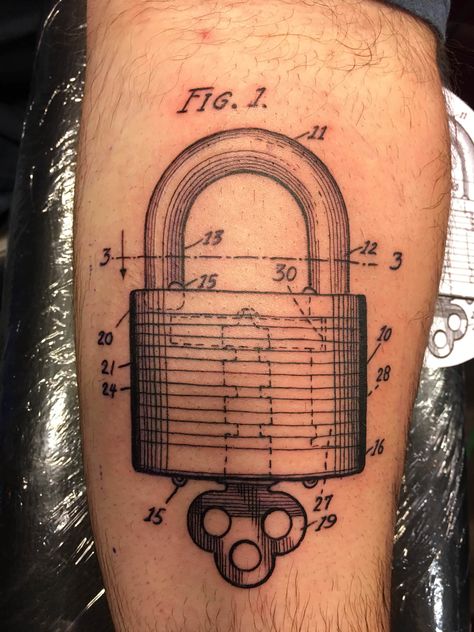 Padlock Patent Drawing by Robert Twilley at Aces & Eights in Augusta, GA Padlock Tattoo, Aces And Eights, Lock Tattoo, Key Tattoo Designs, Key Tattoo, Key Tattoos, Patent Drawing, Art Courses, Patent Prints