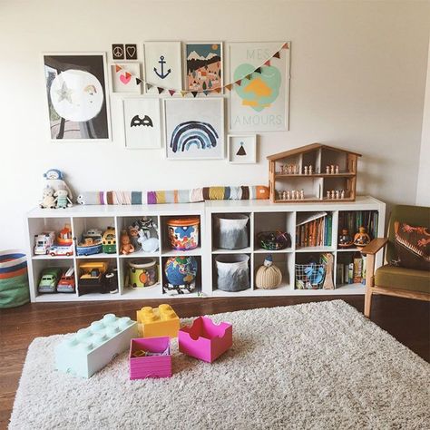 play area with two 2x4 IKEA kallax shelves, soft rug + reading chair Ikea Kids Playroom, Kallax Ideas, Amazing Playroom, Ikea Kallax Shelf, Organization Design, Basement Playroom, Ikea Kids, Decor Ikea, Playroom Design