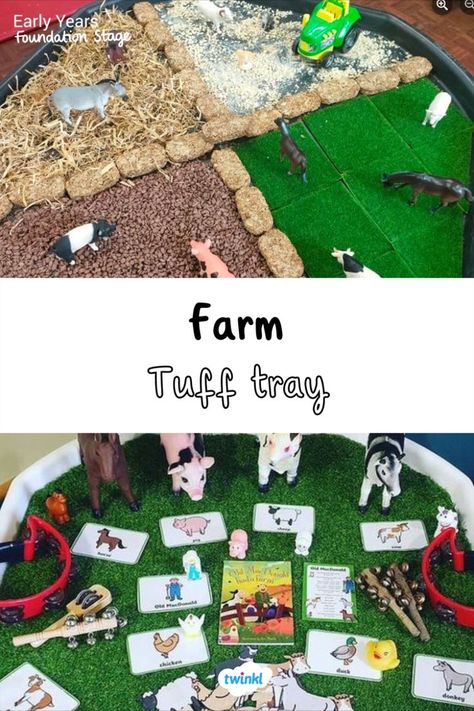 Create a farm tuff tray to celebrate Animal Day. Let the children talk about their experiences at the farm. Click on the pin for more resources. Penguin Awareness Day, Penguin Activities, Zoo Activities, Animal Day, Early Years Foundation Stage, Farm Activities, Tuff Tray, Kids Talking, Learning Goals