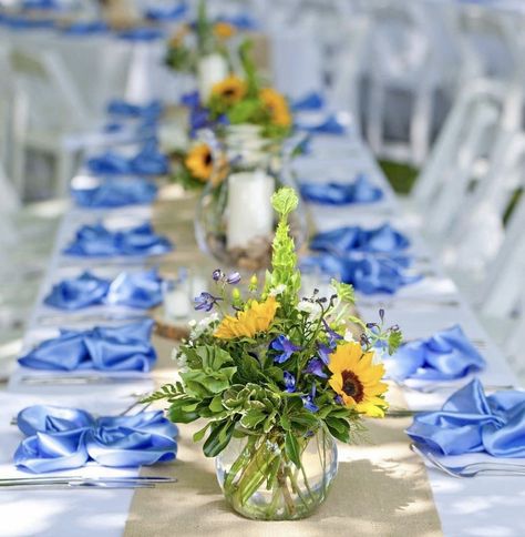 Sunflower Dinner Table, Small Sunflower Centerpieces, Summer Wedding Outside Ceremony, Wedding Table Centerpieces Sunflowers, Sunflower And Blue Centerpieces, Blue Gingham And Sunflower Party, Sunflower And Blue Bridal Shower Ideas, Sunflower And Blue Hydrangea Centerpieces, Sunflowers And Blue Hydrangeas