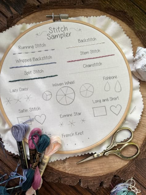 Get my stitch sampler and embroider along with me! Instructions on tiktok @artbyaubreeren and istagram art_by_aubreeren Beginner Embroidery Sampler, Embroidery Sampler Pattern, Embroidery Stitch Sampler, Beginning Embroidery, Teaching Crafts, Hand Embroidery Patterns Free, Stitch Sampler, Embroidery Sampler, Embroidery Stitch