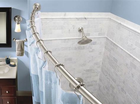 11 ways to makeover your #bathroom for $100 or less, including a chic #shower curtain. Some great ideas here! Curved Shower Rod, Bathtub Spouts, Smart Faucet, Shower Sizes, Shower Rods, Shower Curtain Rod, Tub Surround, Shower Rod, Shower Curtain Rods