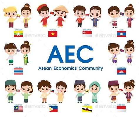 ASEAN in traditional costume Asean Flag, Traditional Costume, Cartoon Design, Laos, Cambodia, Singapore, Art Projects, Graphic Art, Vietnam