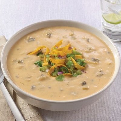 Campbell’s® Reserve Frozen Ready to Eat Roasted Poblano and White Cheddar Soup with Tomatillos - Campbells Food Service White Cheddar Soup, Frozen Soup, Shrimp Linguini, Poblano Soup, Poblano Chili, Roasted Poblano, Roasted Onions, White Cheddar Cheese, Cheddar Soup