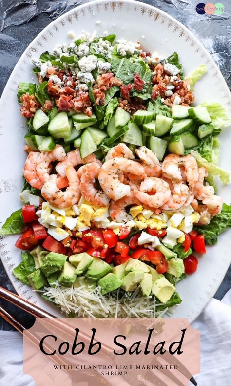 This Cobb Salad with Cilantro Lime Marinated Shrimp is made with a variety of vegetables, and topped with a succulent shrimp marinated with cilantro and lime. It is the perfect side dish, or hearty enough to be a stand-alone meal! #recipe #cobb #cobbsaladrecipe #salad #lime #cilantro #shrimp #shrimpsaladrecipes Shrimp Cobb Salad, Drink Glitter, High Protein Salads, Cobb Salad Recipe, Cilantro Recipes, Cilantro Lime Shrimp, Protein Salad, Marinated Shrimp, Lime Shrimp