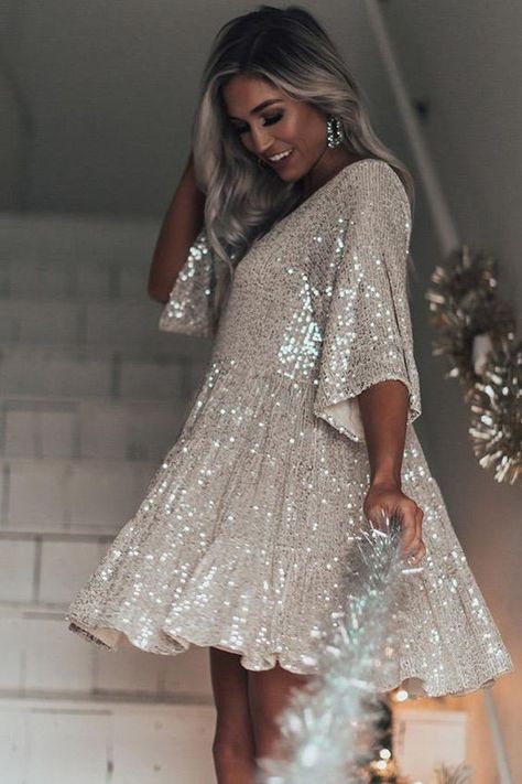 Sequin Short Wedding Dress, Babydoll Formal Dress, Sparkle Outfit Party, Sequin Party Dress Classy, Sparkle Dress Party, Sequin Party Dress Short, Sparkle Dress Short, Babydoll Dress Outfit, Sequin Babydoll Dress