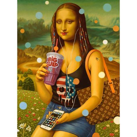 New Age Mona Lisa by Alex Gross, oil on canvas, 2018. Alex Gross, Mona Friends, Mona Lisa Parody, Mona Lisa Smile, Blog Art, American Gothic, Art Parody, Crazy Funny, Pop Surrealism