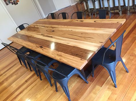 Mixed recycled hardwood timber dining table with black stained legs #qualityhardwoodfurniture #recycledtimberdiningtable Hardwood Dining Table, Timber Dining Table, Metal Table Base, Hardwood Furniture, Black Stains, Table Base, Dining Tables, Kitchens, Design Ideas