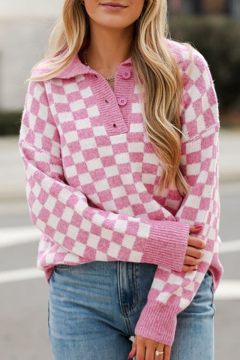 $10.75 Pink Checkered Buttons Collar V Neck Drop Shoulder Sweater Wholesale Boho Picnic, Pink Checkered, Butterfly Blouse, Checkered Design, Coachella Dress, Cozy Coats, Plaid Sweater, Spring Boho, Holiday Party Dresses