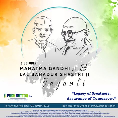 Honouring the ideals of Mahatma Gandhi Ji and Lal Bahadur Shastri Ji, we continue their legacy of valuing peace and justice. Just as their greatness endures, we're here to safeguard and secure your legacy with our insurance solutions. #GandhiJayanti #ShastriJayanti #freedomfighters #Pushbutton #premiumvasoolinsurance #MialtusInsuranceBroking #insurancebroker Lal Bahadur Shastri Jayanti, Shastri Jayanti, Lal Bahadur Shastri, Gandhi Ji, Happy Gandhi Jayanti, Gandhi Jayanti, Bhagat Singh, Insurance Broker, Business Insurance