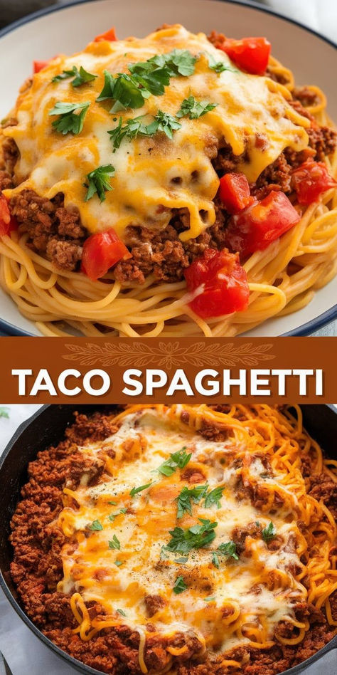 Cheesy Taco Spaghetti – This creamy, cheesy Taco Spaghetti brings together taco night and pasta night in one comforting dish. A flavorful and satisfying meal the whole family will love! Taco Spaghetti With Cream Cheese, Cheesy Taco Spaghetti, Spaghetti Noodles Recipes, Spaghetti With Cream Cheese, Creamy Taco Pasta, Mexican Spaghetti, Classic Italian Pasta, Spaghetti Recipes Easy, Taco Spaghetti