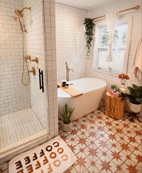 Small House Bathroom Ideas, Mid Size Bathroom Ideas, All Tile Bathroom Walls, Bathroom Ideas Couples, Fun Small Bathroom Ideas, Bathroom Layout With Tub, Narrow Master Bath, Cozy Apartment Bathroom, Tub And Shower Combo Ideas