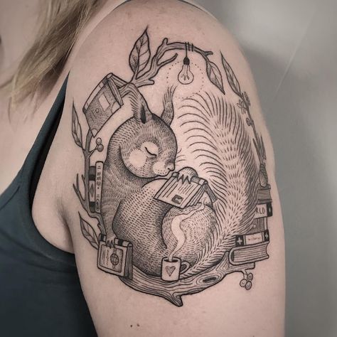 Suflanda on Instagram: “It was such a pleasure drawing this sleepy book-loving squirrel  for and on this lovely lady! Saskia and her husband got tattooed by me in…” Squirrel Tattoo Design, Reading Tattoo, Hedgehog Tattoo, Squirrel Tattoo, Gothic Tattoos, Baby Tattoo Designs, Inktober 2024, Wing Tattoo Designs, Bunny Tattoos