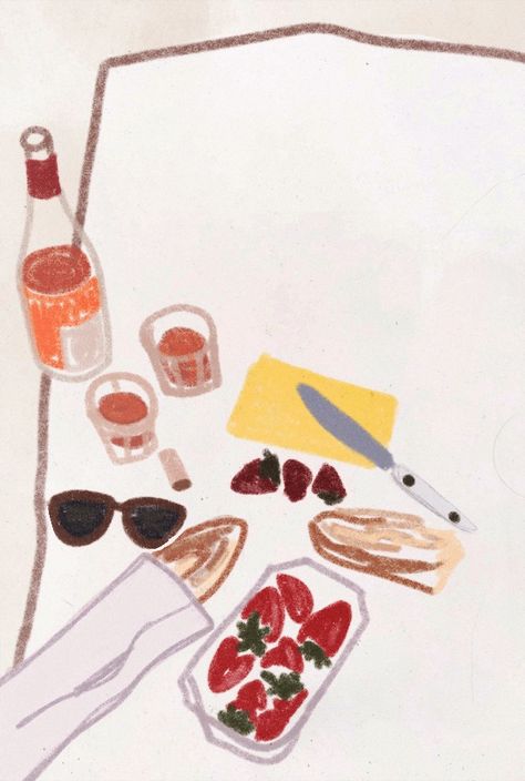 Picnic Drawing Aesthetic, Picnic Graphic Illustration, Cute Picnic Drawing, Charcuterie Board Illustration, Charcuterie Painting, Charcuterie Drawing, Brunch Doodle, Charcuterie Illustration, Picnic Illustration Drawings